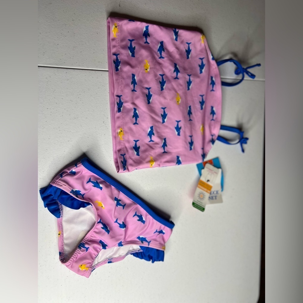Baby Shark Toddler Sz 5T Girl Ruffle Tankini Pink Swimsuit UPF 50+ 2 PC - Picture 1 of 8
